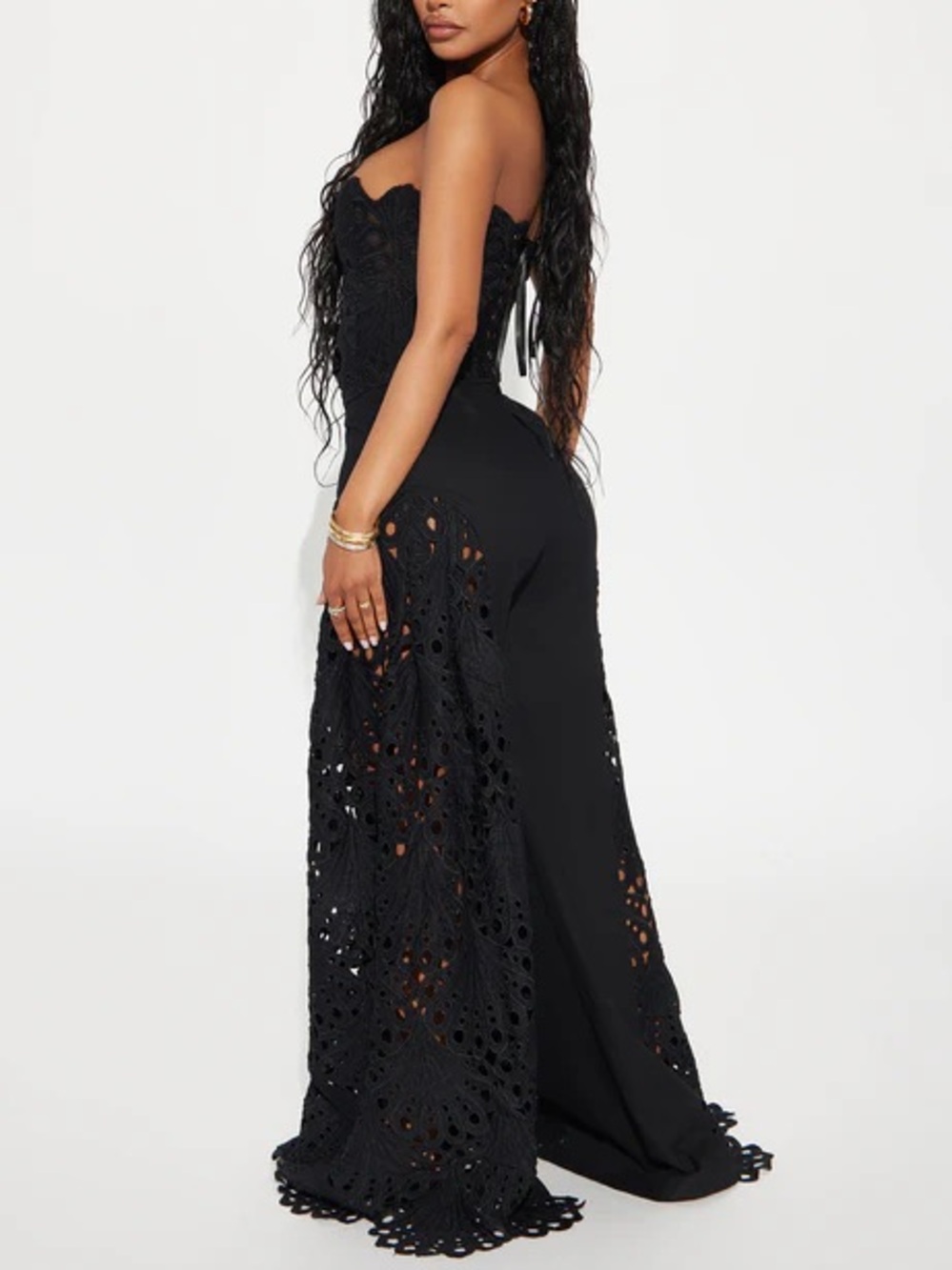 Strapless Black Crochet Wide-Leg Jumpsuit - Picture 2 of 12